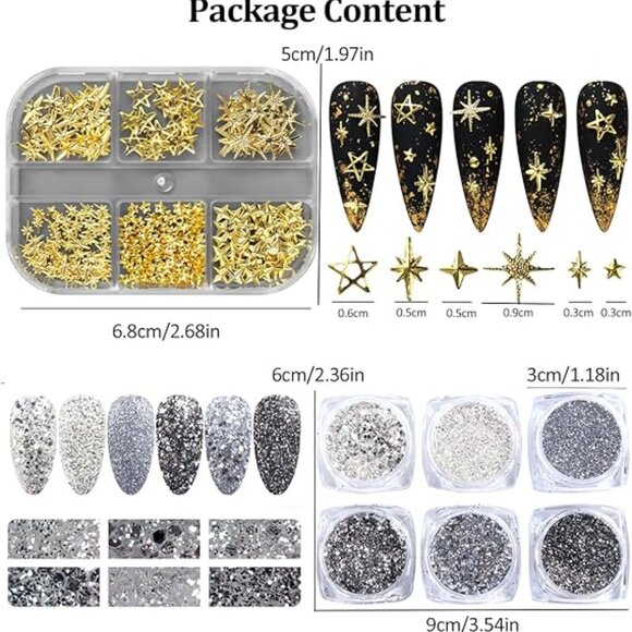 3D Metal Stars Nail Charms and Nail Art Glitter Flakes - Picture 3 of 3